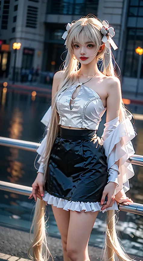 kasugano sora
long white hair
twintails
hair ribbon
hair ornament ((Bare shoulders)), ((Full breasts)), ((The skirt is short)), ((Sexy legs)), ((knee shot)), ((Standing, Elegant posture)), meishaonv, Cute Girl, Beauty, Practical, Fashion Girl, Red lips, Ma...