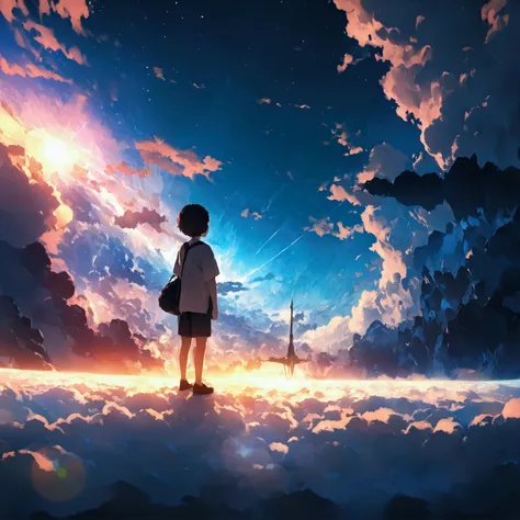 Very detailed CG Unity 8K 壁紙、Cinema Lighting、Lens flare、landscape、Ultra HD、cloud、8K quality、Ultra Sharp、Real Light、Surreal、Ridiculous world lines, High resolution, (masterpiece:1.4), Very detailed, One boy, View from above, space, floating, -