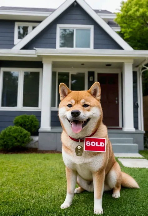 A cheerful Shiba Inu with a big smile, wearing a moving company’s cap, stands in front of a modern, two-story house with a “Sold” sign on the lawn. The Shiba Inu holds a rolled-up floor plan and a set of keys in its paws.