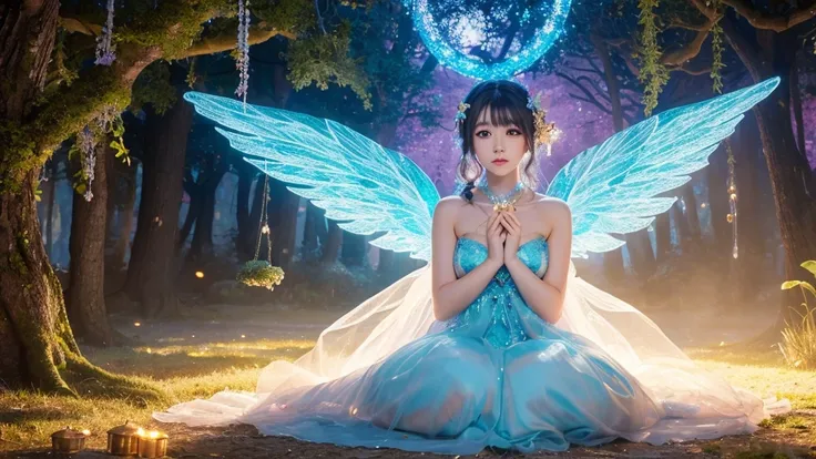 1920×1080、Photogenic reality、heaven、Fantasy、magic、In the fantasy forest、Wrapped in dazzling light、眩Shiiほどの黄金色の光が降り注ぐ、god々Shii、Fantasy、Spreading its large wings、cute、Beauty、Adult female、Big Eyes、一人の美Shii天使の全身の画像を作ってください