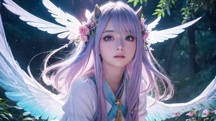 1920×1080、Photogenic reality、heaven、Fantasy、magic、In the fantasy forest、Wrapped in dazzling light、眩Shiiほどの黄金色の光が降り注ぐ、god々Shii、Fantasy、Spreading its large wings、cute、Beauty、Adult female、Big Eyes、一人の美Shii天使の全身の画像を作ってください