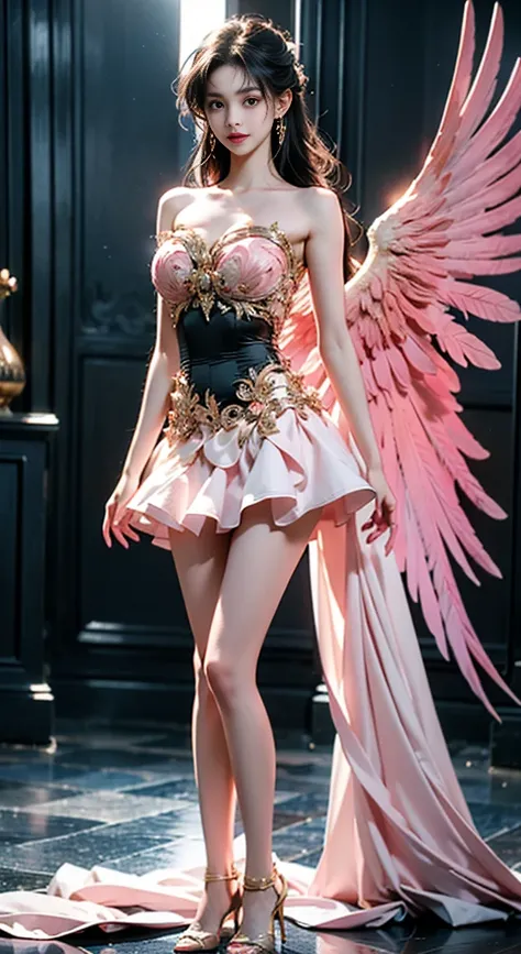 death,death,strapless dress,feathered wings,pink wings, ((bare shoulders)), ((full breasts)), ((the skirt is short)), ((sexy leg...