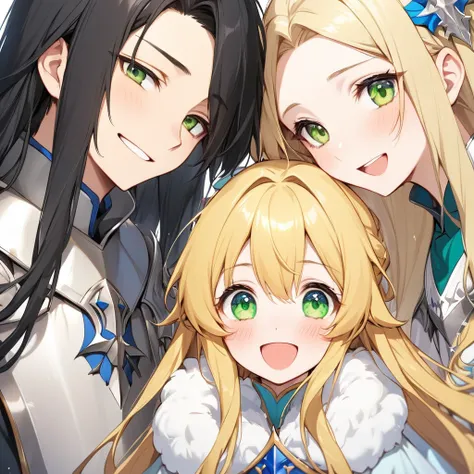 ＃Two people＃Knights and Princesses＃１６age、Black hair Green eyes、Beautiful Knight)Blond, fluffy, long hair、Green Eyed Princess、Delicate beautiful wizard girl、close、They put their faces together and laugh