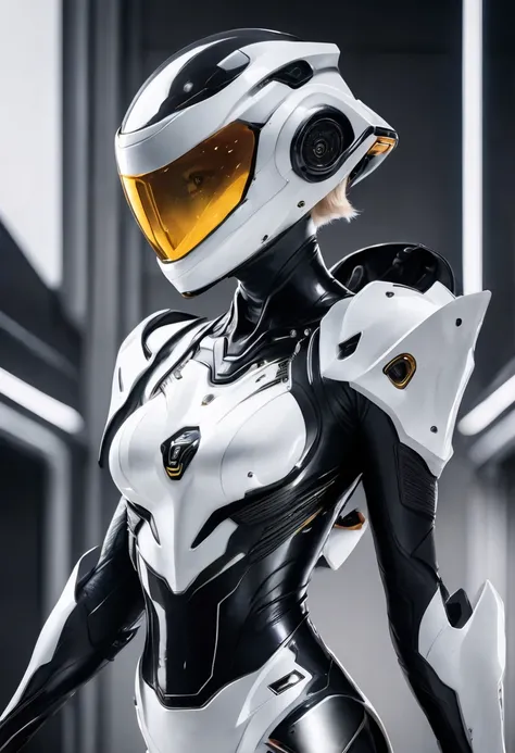 woman in a futuristic black and white space suit, holding her helmet, she has short blond pixie hair cut and amber eyes. behind the woman is a solid gray background.