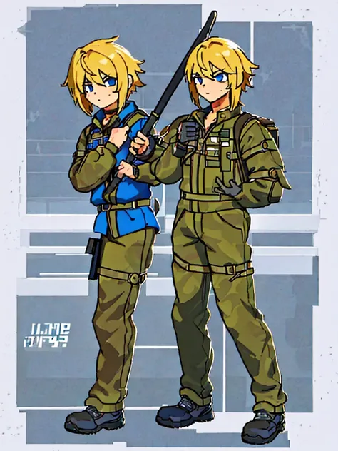 (((Full Body))) (((Twins))) ((Detailed)) They are boys 12-year-old twin with blonde and short hair. One has an energetic and curious expression, dressed in rugged survival attire. Another one appears more serious and focused, also dressed in practical surv...