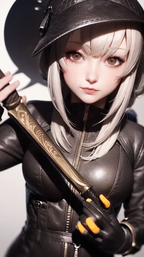 masterpiece, concept art, close up shot, Holding a beautifully decorated long sword, head to toe((must)), aschgray haired early 20s Russian girl, Wearing jet black protector, cutting edge protective gear,  , Ilya Kuvshinovs style