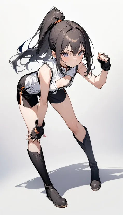 ((Highest quality)), ((masterpiece)), (detailed),full body ,slender. ((Rin々A cool female fighter))　small breasts　Long-haired ponytail　((Sleeveless white karate uniform))　Black shorts　Knee-high boots　Leaning forward　　Open chest　black fingerless gloves