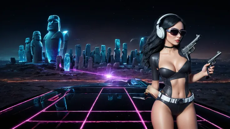 At night, dark sky, distant shot aerial view of fantasy cyberpunk style ice ((Moai-statue)) city, ((flying car)). ((1girl, solo, alone)), medium-breast:1.1 slim body, cleavage, sexy clothes, (headphone, black sunglasses, long black realistic hair), (((hip-...