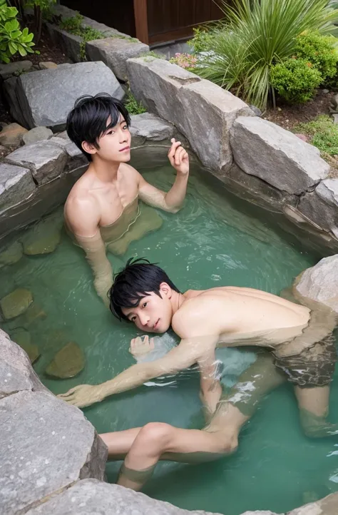 1. boy、Beautiful Boy、18-year-old、Japan Boys、Black Hair、hot spring、soak,rock、sit