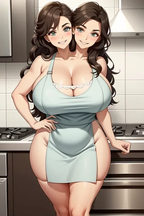 2heads, a tall fat woman with 2 heads. She is in a kitchen, standing behind a countertop  She is wearing an apron. Cleavage. She is wearing a bandana to push her hair back. She has long curly brown hair. She is very tall and mature. She is baking a pastry....