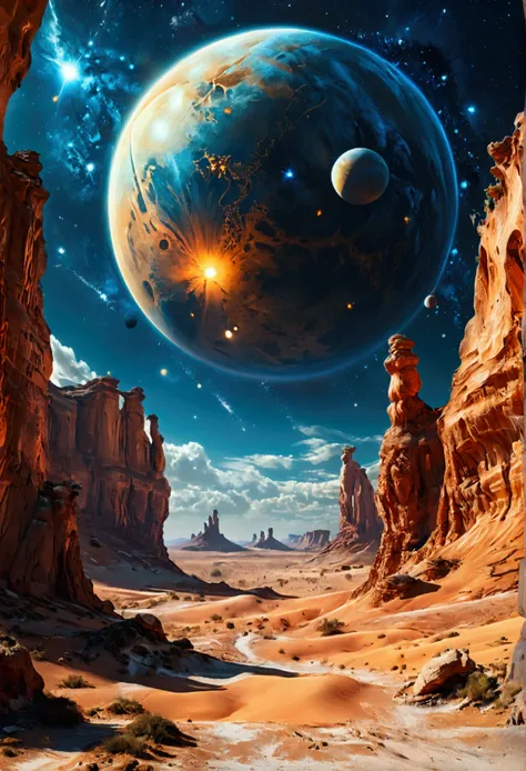 Giant planets, Rich deserts, night, Starry Sky, Surrealism, masterpiece, High resolution, 16K