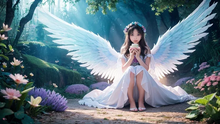 1920×1080、Photogenic reality、heaven、Fantasy、Powerful Magic、In the fantasy forest、Wrapped in dazzling light、眩Shiiほどの黄金色の光が降り注ぐ、god々Shii、Fantasy、Spreading its large wings、cute、Beauty、Adult female、Big Eyes、一人の美Shii天使の全身の画像を作ってください