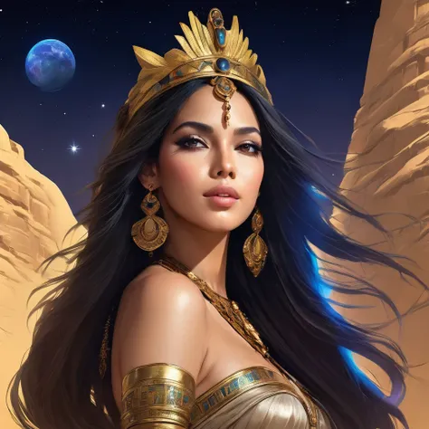 (bust:1.4), low - angle:1.4, desert princess, beautiful woman with long black hair, detailed face, deep eyes, ふっくらand唇, wearing ...