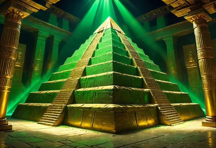 gold pyramid, gold treasure, aztec, riches, green lighting, HDR, 4k resolution, (painting realistic : 1.3), (ultra high resolution: 1.0 ), (((best quality, 8 thousand, masterpiece:1.4))