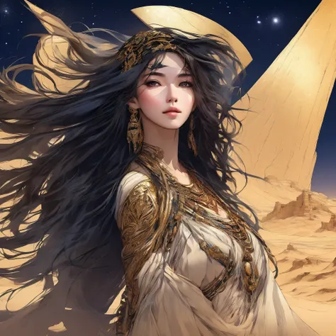 (bust:1.4), low - angle:1.4, desert princess, beautiful woman with long black hair, detailed face, deep eyes, ふっくらand唇, wearing ...