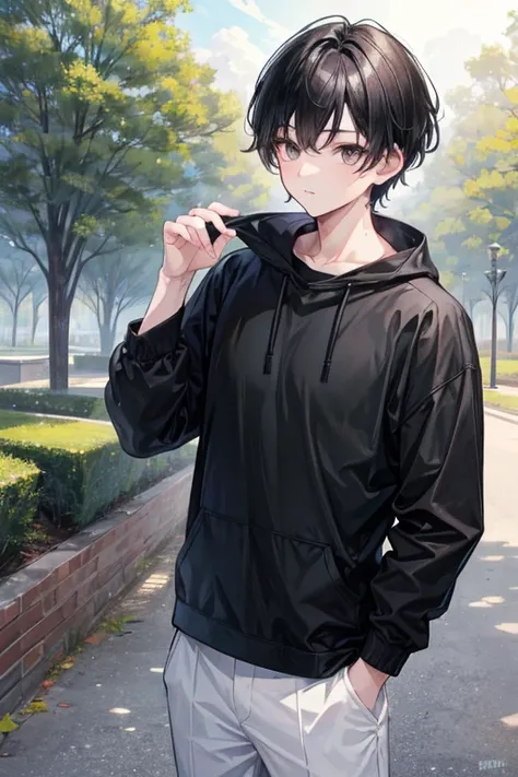 a young boy with short black hair and gray eyes, handsome, (best quality,highres,masterpiece:1.2),ultra-detailed,,award winning,high resolution,1boy, setting in a park, confident expression, casual clothings