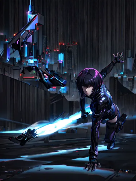 night city background、absurd, highest quality, one girl, alone, view your viewers, eye focus, motoko_kusanagi, black jacket