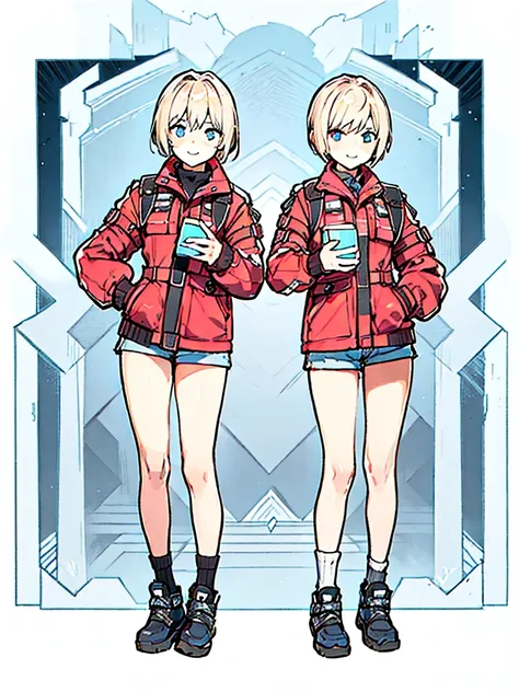 (((Full Body))) (((Twins))) ((Detailed)) They are boy twins 12-year-old with blonde and short hair. One has an smile. Another one appears serious. Both are dressed in practical survival gear with a pragmatic touch. 