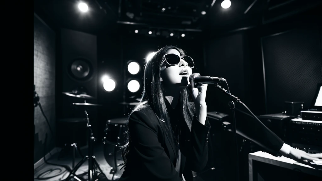 The scene shows a woman singing in a music studio in black and white, she sings softly until an agent armed with a gun enters, the agent wears a suit, tie and sunglasses, photorealistic, high-contrast