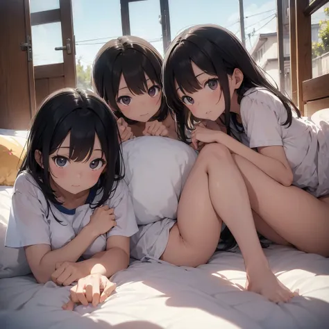 ((Highest quality)), ((masterpiece)), (detailed),Perfect Face,A group of elementary school students lying naked on a bed,