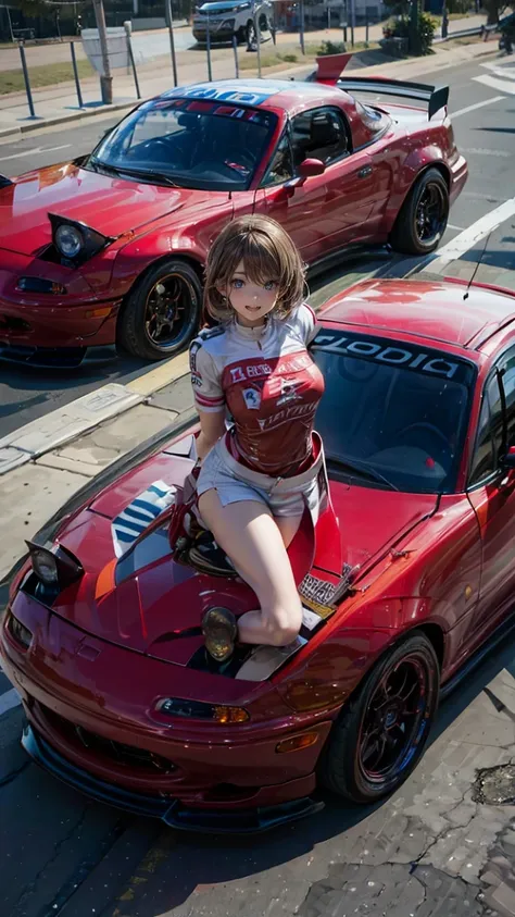 one woman　race queen　posing for the camera in front of a sports car　high leg　low - angle　cute smile