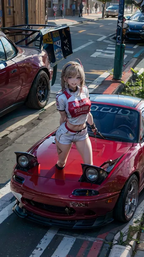 one woman　race queen　posing for the camera in front of a sports car　high leg　low - angle　cute smile