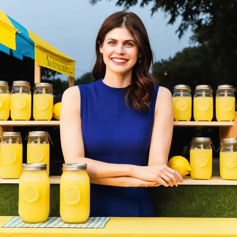 a photo of alexandra daddario, ohwx woman, smile, cinematic lighting, at a lemonade stand