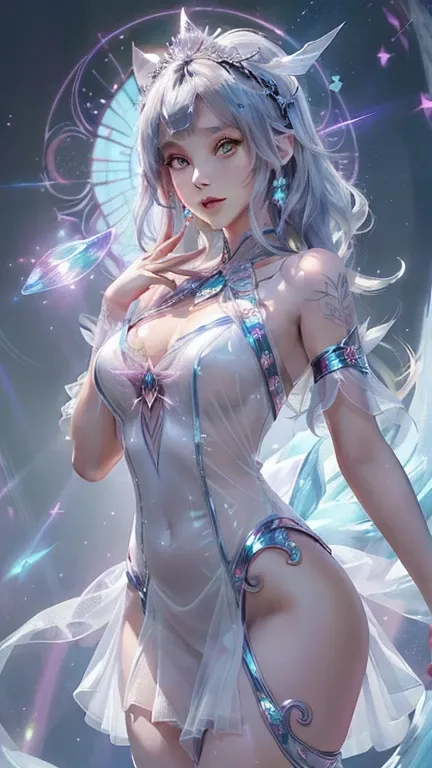 ((Better Quality,4K,8K,High resolution,obra de Until then:1.2),Ultra-detailed, Insanity, magic, 美しいmagic, 1 girl, (Very beautiful fantasy background), (Crazy Sexy Costume Transparent Mist Dress))), Portrait, Bright colors, Strong lighting, Brush strokes, E...