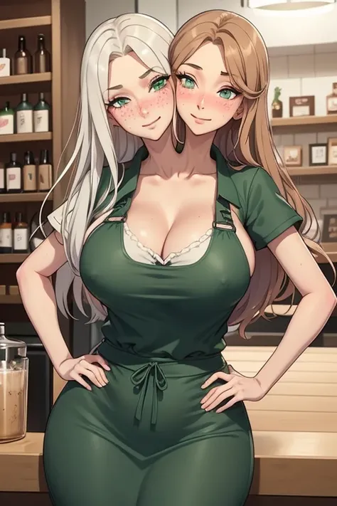 2heads, a very tall skinny woman with 2 heads. Working behind the counter at the register at a coffee shop. Wearing green apron with store logo, wearing worker uniform. Cleavage. Mature, milf. Messy long white hair. Thin face, cute face. Smiling. Blushing....