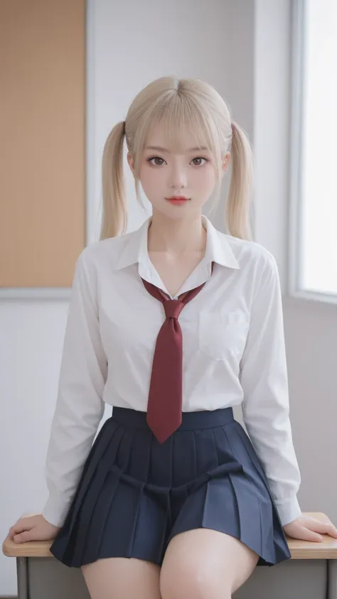 Hyperrealistic photograph,score_9, score_8_up, score_7_up, BREAK, In a masterpiece setting, a single lady is depicted in a classroom during the day. She is sitting, dressed in a school uniform, with her blonde hair styled in twin tails and striking red eye...