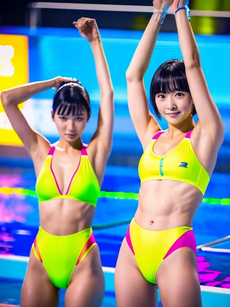 Best quality 8k resolution Ultra detailed Ultra high resolution Bright neon colored competition swimwear Serious facial expression Two women Abs Arms up Very short hair High waisted tights Flat chest Japanese Sharp focus Swim team Very short hair 21 years ...