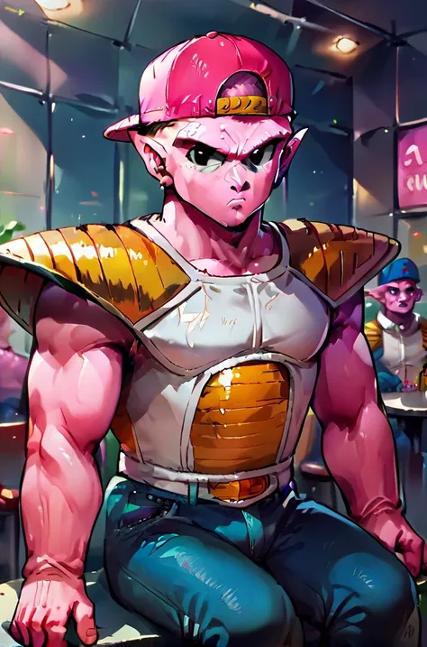 rating_safe, (((dodoria))),((( pink skin))), pink patches, pointy ears, black eyes, blue baseball cap, backwards hat, jeans, sco...