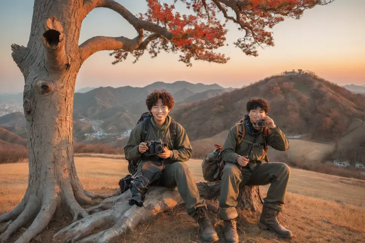 an eye-catching outdoor photograph of a korean man with curly hair in full gear, sitting and leaning under a dead tree with a ca...