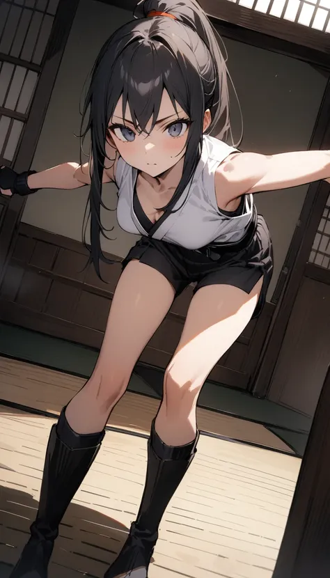 ((Highest quality)), ((masterpiece)), (detailed),full body ,slender. ((Rin々A cool female karateka))　small breasts　Black Hair　Long-haired ponytail　((A short, sleeveless white karate uniform))　Black shorts　Knee-high boots　Black belt　kimono　Leaning forward　　O...