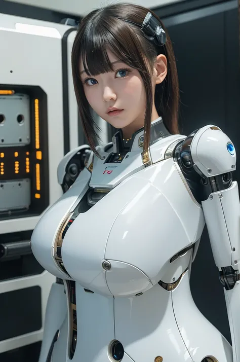 masterpiece, best quality, extremely detailed, Japanese android girl,Plump ,control panels,robot arms,robot,android,cyborg,white robot body,ceramic body,perfect robotgirl,blunt bangs,sumo wrestler,blue eyes