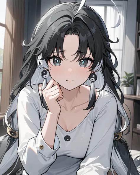 masterpiece,best quality,cute pajamas,indoors,looking at viewer,shy,
jianxin,1girl,solo,jewelry,earrings,black hair,multicolored hair,long hair,ahoge,yin yang,