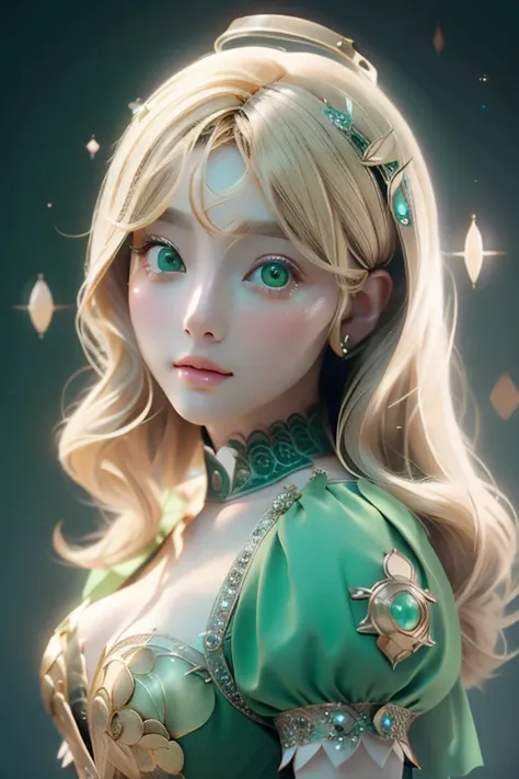 Immerse yourself in the elegance and sophistication of a beautiful blonde girl with captivating sparkling green eyes. Utilizing 3D technology and Octane rendering at 8K resolution、Her detailed face is rendered in a hyper-realistic way。. Exquisite sharp det...