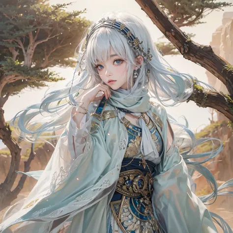 (Highest quality、masterpiece、8K、Best image quality、Ultra-high resolution、Award-winning works)、A beautiful white-haired woman watches over us from afar in the desert........, Where the moonlight shines.、Ancient Islamic clothing、Beautiful face drawn in every...