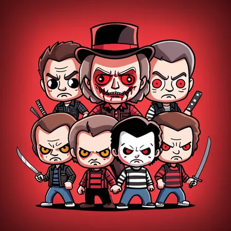 a charming and quirky illustration of iconic horror movie killers in a chibi style, featuring the text "the killers" at the top....