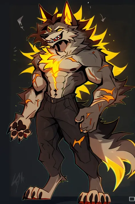 furry, anthro, giant werewolf,wolf ears,wolf tail, dark grey and white fur, messy fur, neck floof, yellow glowing eyes, razor sharp teeth, muscular body, handsome, monstrous, tall, alone, body covered in scars, pawpads, black pawpads, best quality, 4K, UHD...