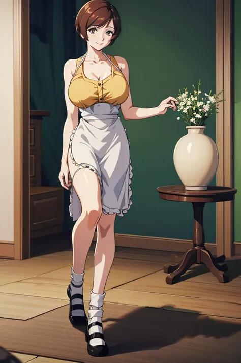 high resolution、high quality、masterpiece、4K,8K,etsukoto, Yellow Dress, Sleeveless dress, apron, White socks, Mary Jane,Huge breasts,Smile,living room