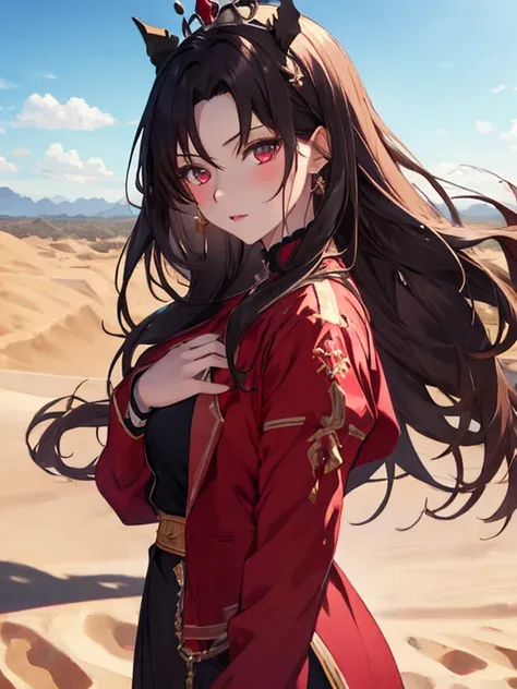 desert, Queen, princess, crown, Queen,  (masterpiece), highest quality, Tohsaka Rin, 1girl, uhd, retina, masterpiece, ccurate, anatomically correct, textured skin, super detail, high details, high quality, best quality, highres, 4K