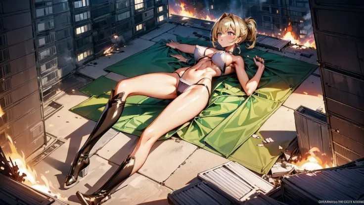 Giantess, long sexy legs, yellow hair, bikini, lying on the ground, city at her feet burns in flames for the destruction she has caused, tiny people climb on her body to try to defeat her uselessly. Giantess, goddess, macrophilia, curvaceous body, hentai, ...