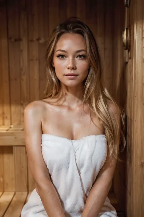 (high quality, realistic:1.2), portrait, beautiful flowing hair, beautiful becki newton, inside_sauna, wearing towel, kneeling, ...