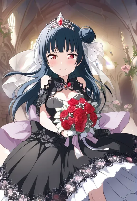 Yoshiko Tsushima　Blue Hair　Red Eye　Semi-long hair　One-sided bun hairstyle　Black Wedding Dress　Bouquet of red roses　Red rose decorated dress　smile　Huge breasts　Cleavage　church　Tears of joy　　　tiara　Tears　Shining