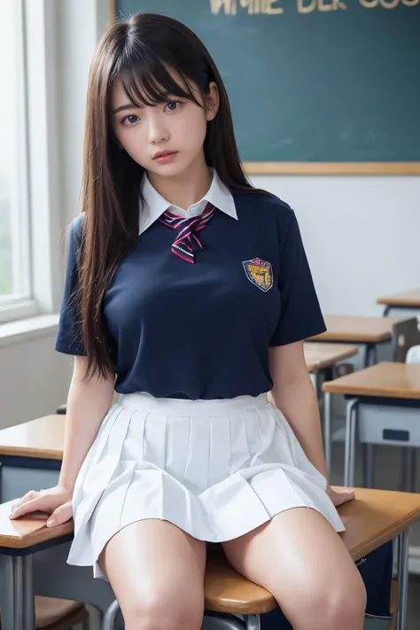 alone、expensive school girl、Natural body shape、White skin、Natural Makeup、Black Hair、bangs、Straight Long Hair、Lift up the skirt、expensive 、Navy Pleated Skirt、Please sit down、Spread your legs、Big Breasts、Small size pure white panties、((The upper body is wear...