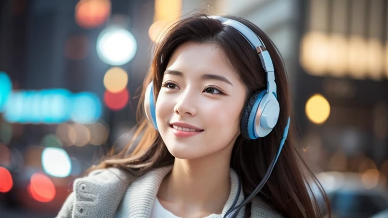 Beautiful woman who enjoys listening to music.