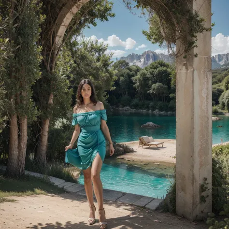 1 magnifique femme italienne ,avec un magnifique visage trés réel et trés détaillé ,une magnifique robe gucci,des magnifiques accesoir bijoux... gucci ,tout cela dans un magnifique paysage de nature avec un lac en 16k rtx ultra réel