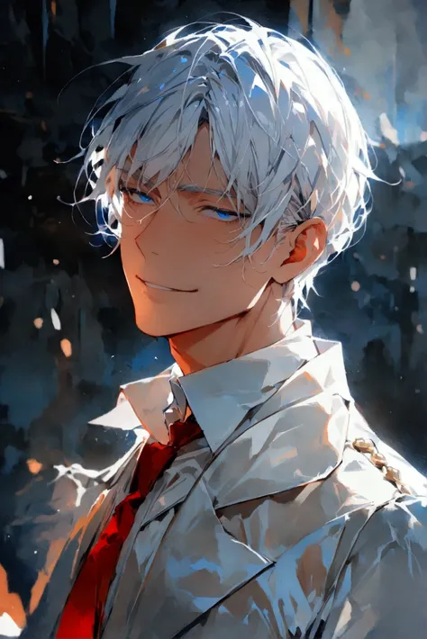 ((masterpiece)), ((best quality)), (from front, facing front:1.32), (close-up:1.36), (half-body shot:1.36), perfect anatomy, 1man solo, adult man, extremely long straight white hair, blue eyes, white suit, red tie, weak smile, lighting from front