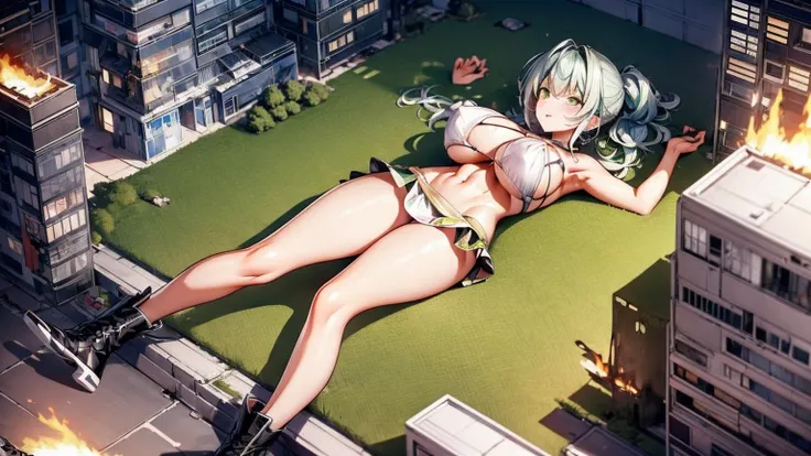 Giantess, long sexy legs, yellow hair, bikini, lying on the ground, city at her feet burns in flames for the destruction she has caused, tiny people climb on her body to try to defeat her uselessly. Giantess, goddess, macrophilia, curvaceous body, hentai, ...